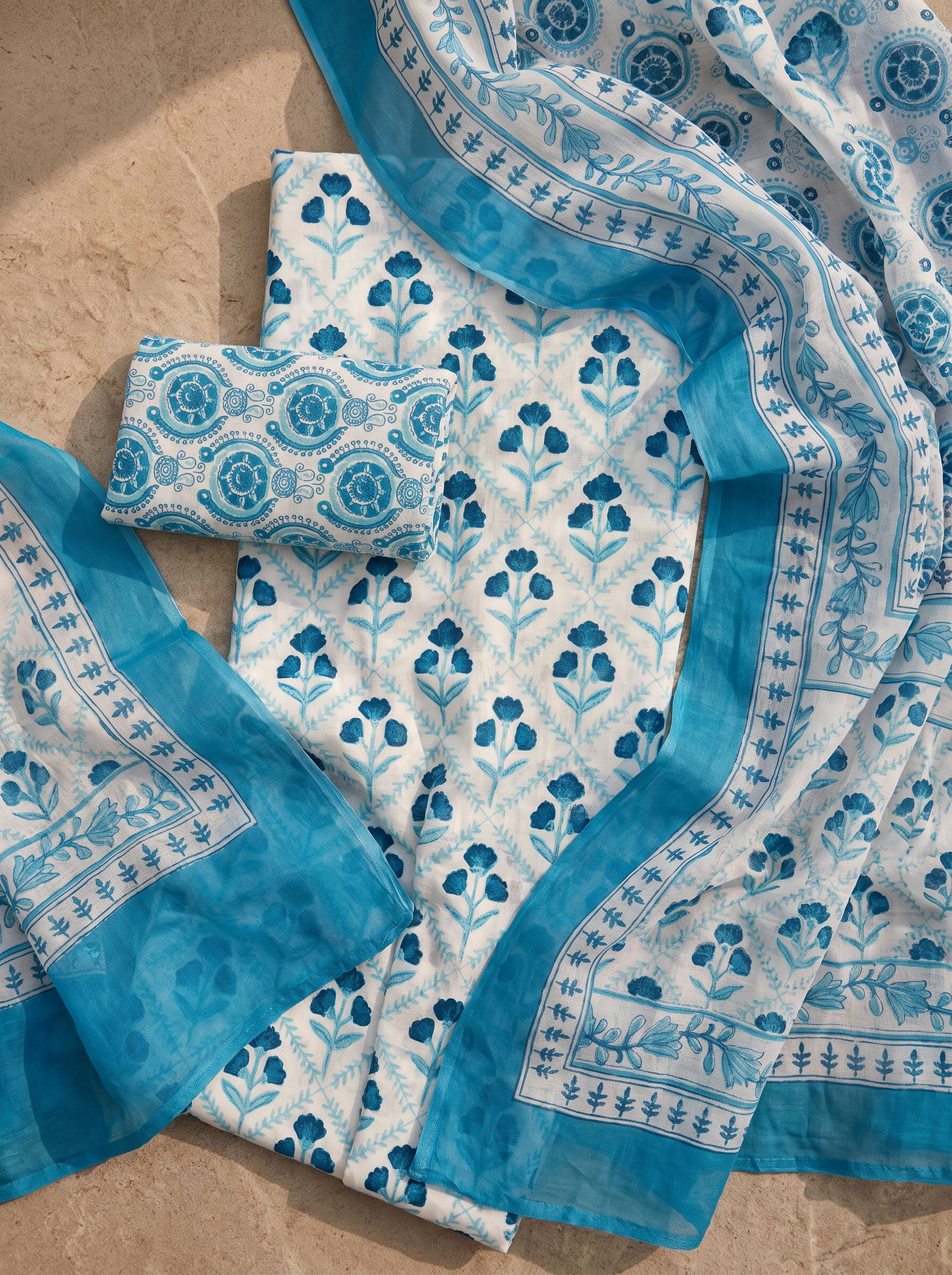 Royal Blue cotton suit with cotton dupatta unstitched suit material