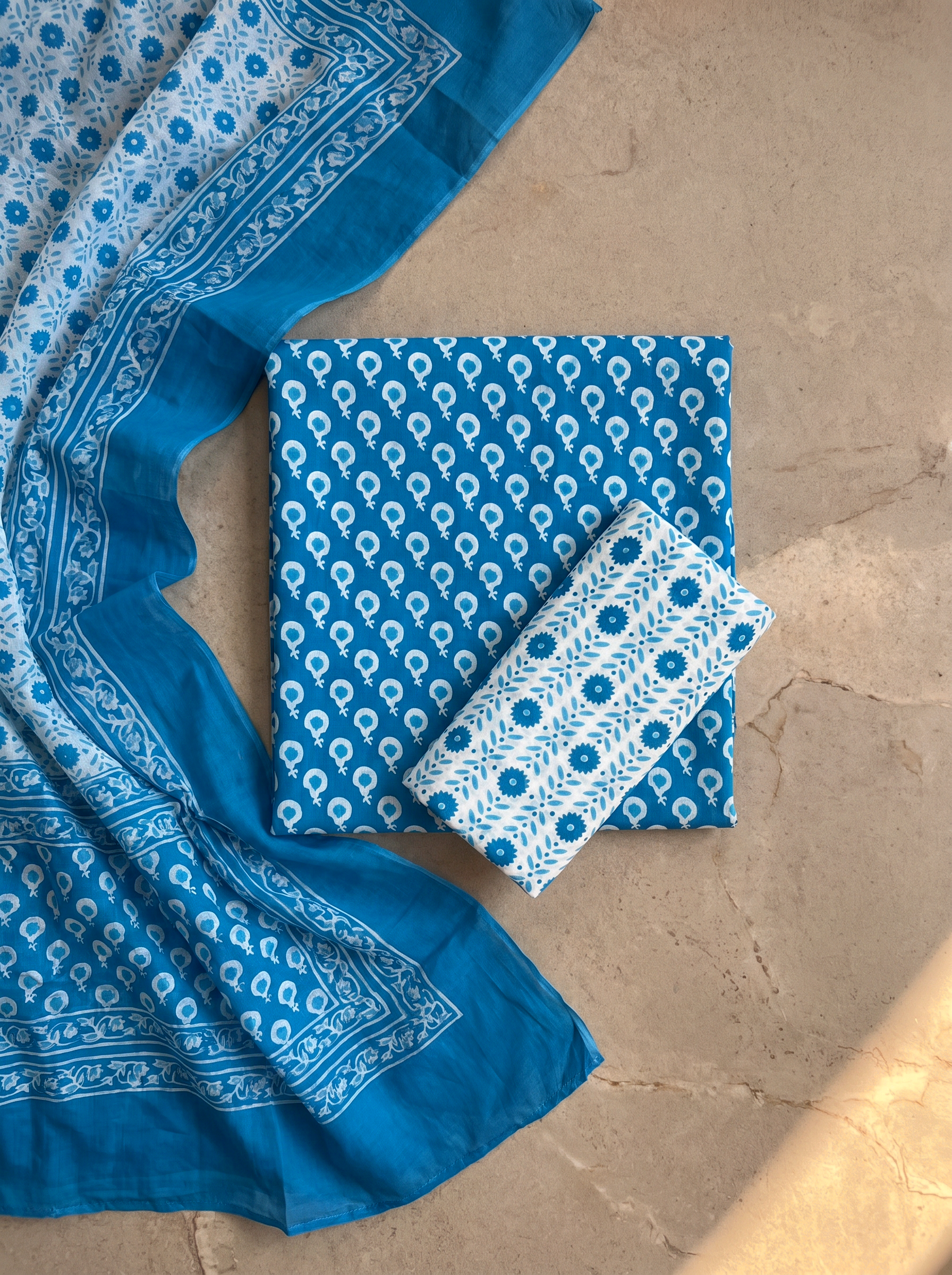 Royal Blue cotton suit with cotton dupatta unstitched suit material