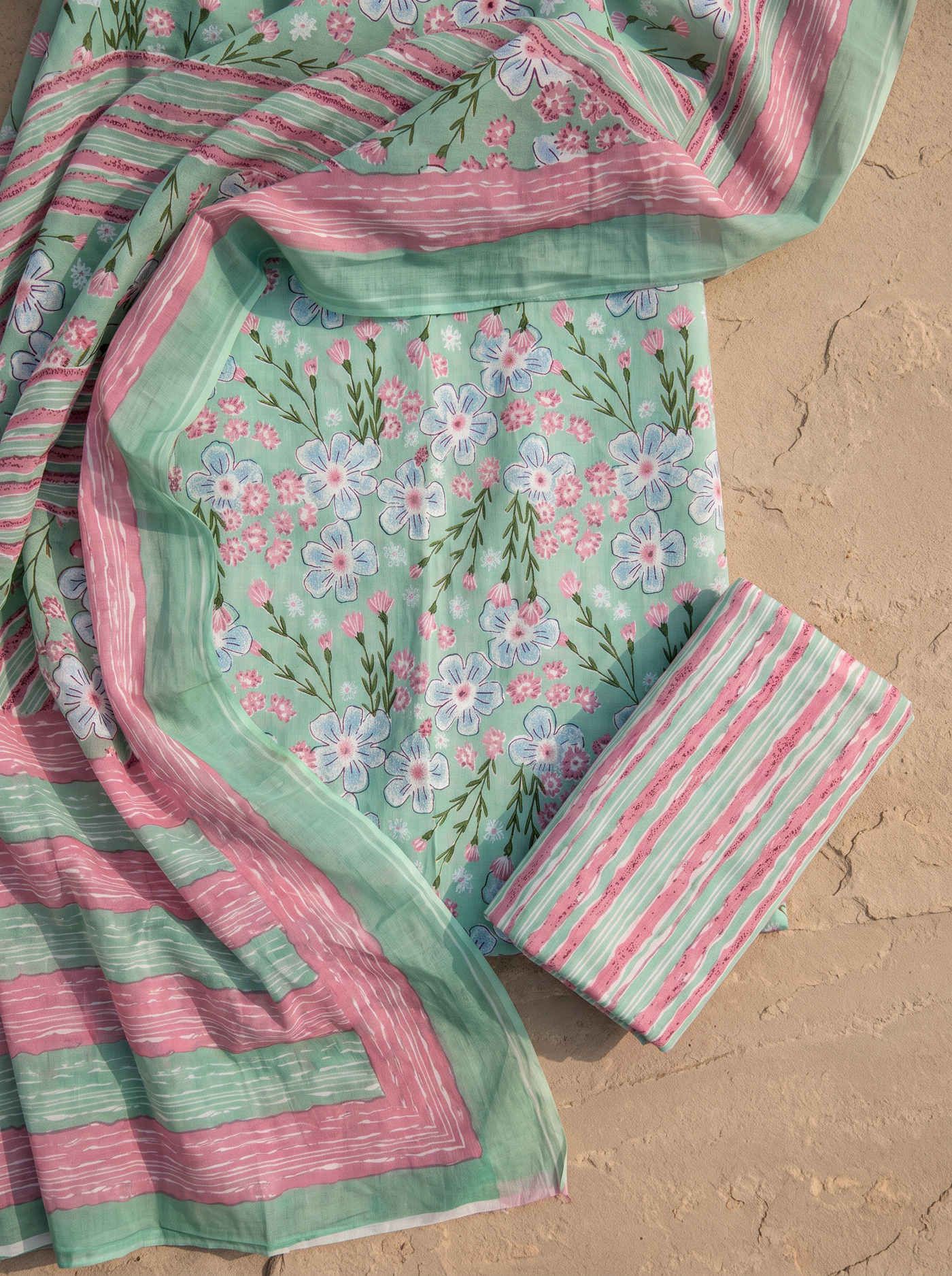 Dusty Pink + Sage Green cotton suit with cotton dupatta unstitched suit material