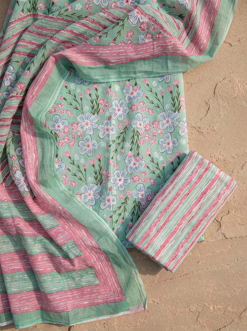 Dusty Pink + Sage Green cotton suit with cotton dupatta unstitched suit material