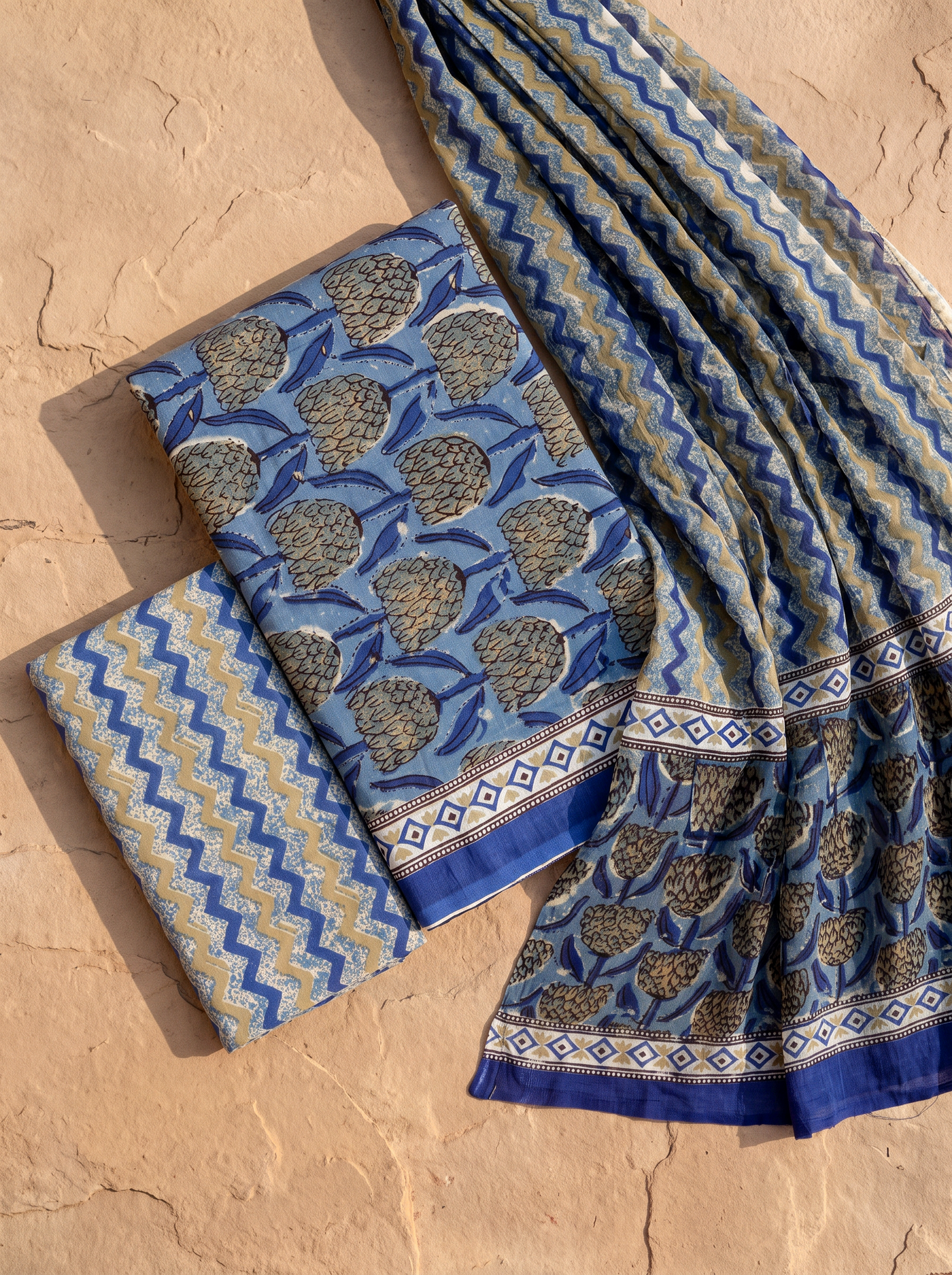 Teal Blue + Grey cotton suit with cotton dupatta unstitched suit material