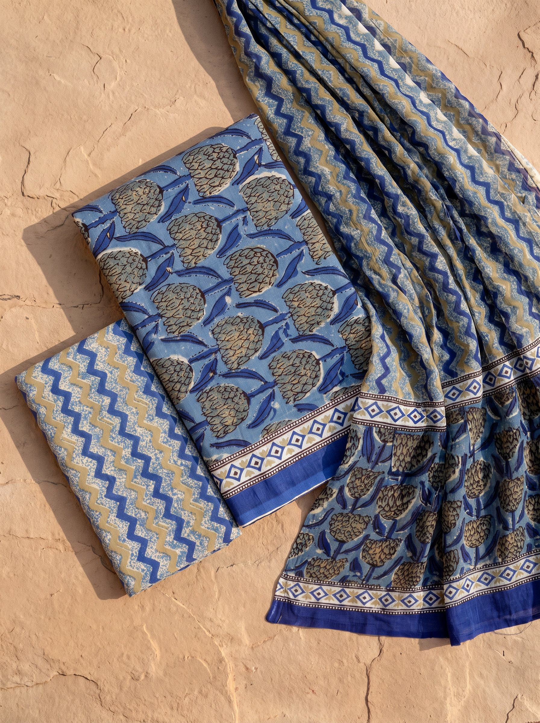 Teal Blue + Grey cotton suit with cotton dupatta unstitched suit material