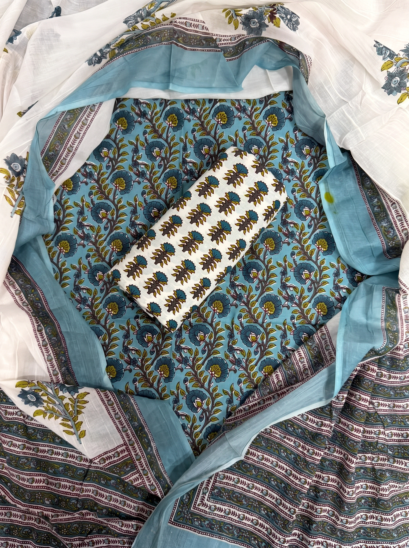 Teal Blue + Ochre cotton suit with cotton dupatta unstitched suit material