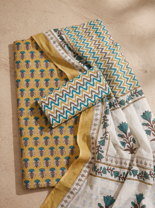 Off White + Teal Blue cotton suit with cotton dupatta unstitched suit material