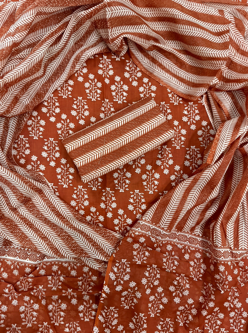 Brick Red + Terracotta cotton suit with cotton dupatta unstitched suit material