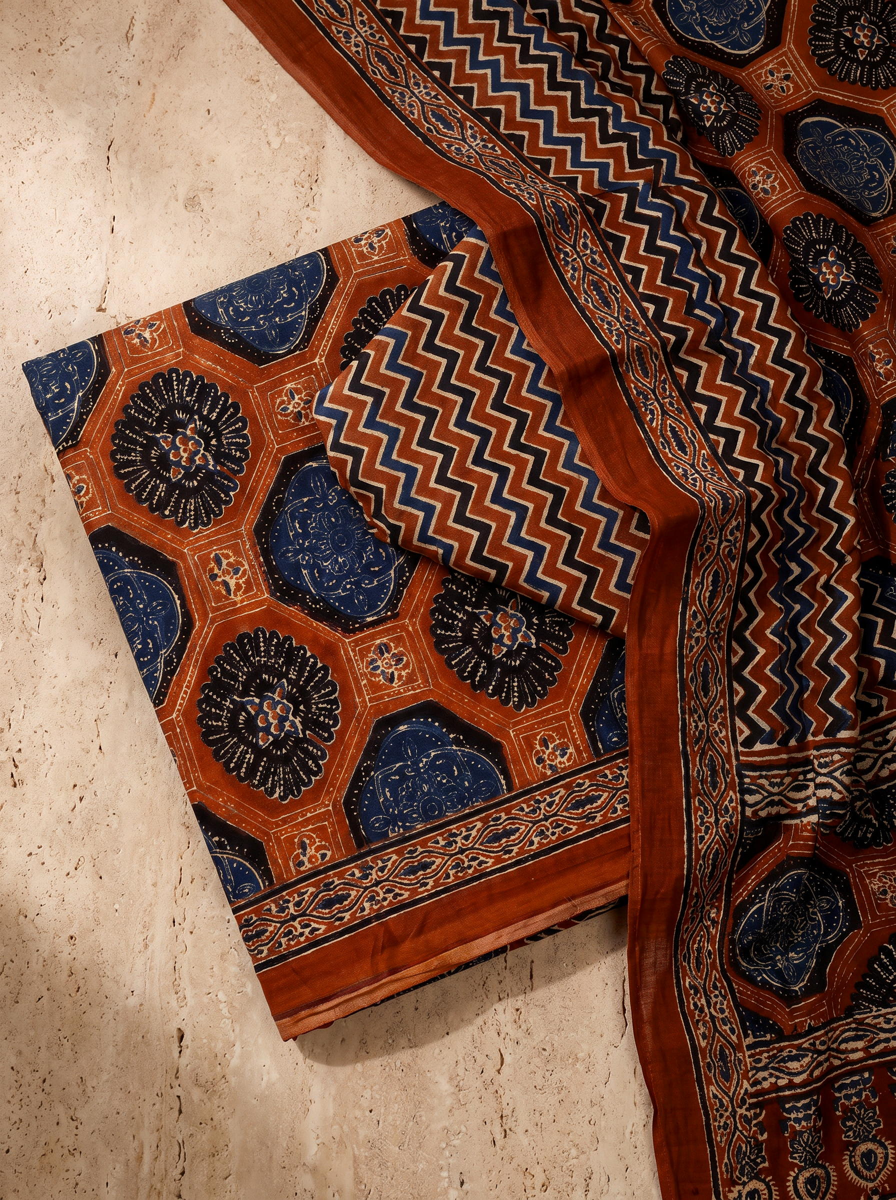 Terracotta + Wine cotton suit with cotton dupatta unstitched suit material