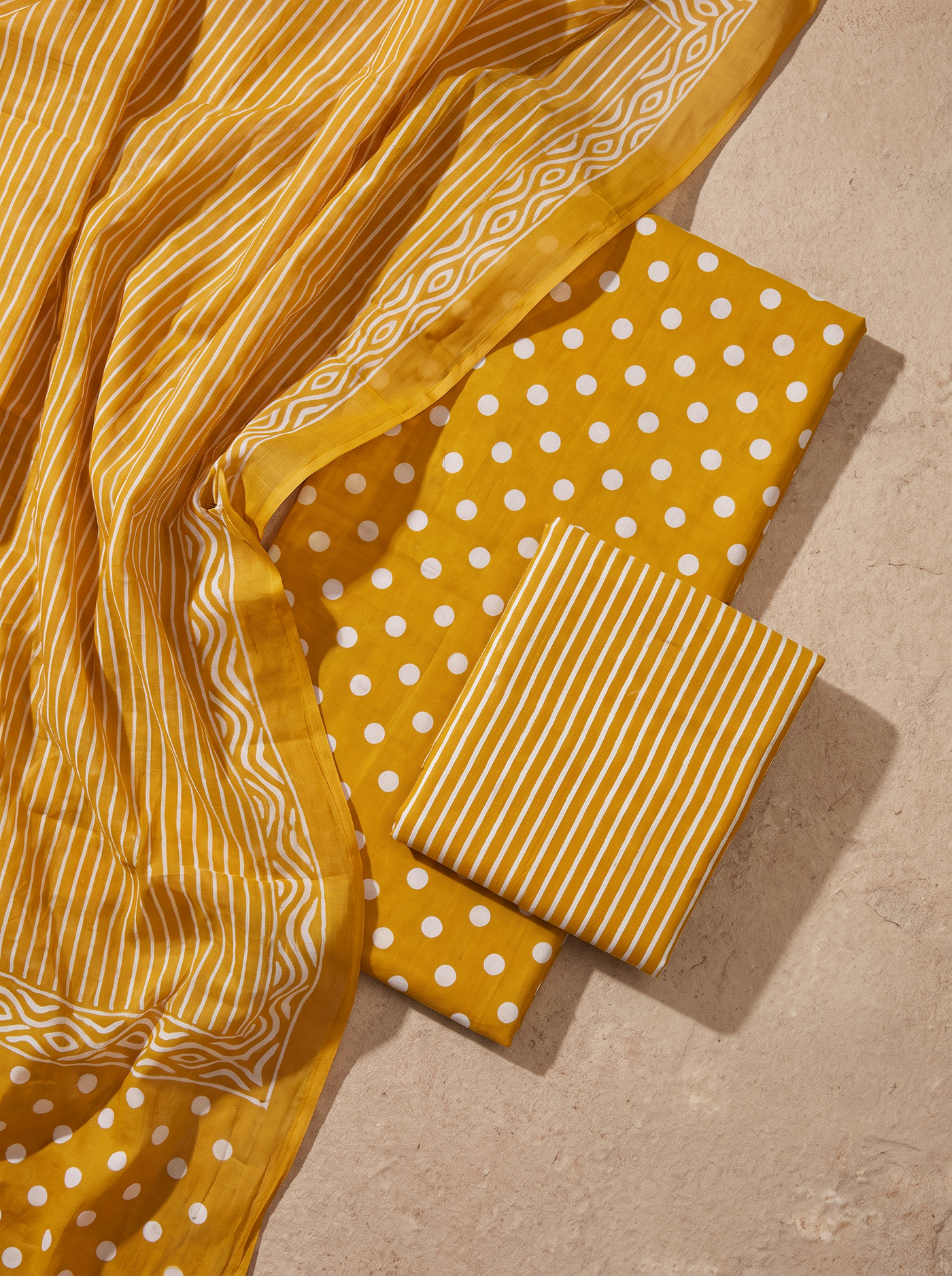 Golden + Turmeric Yellow cotton suit with cotton dupatta unstitched suit material