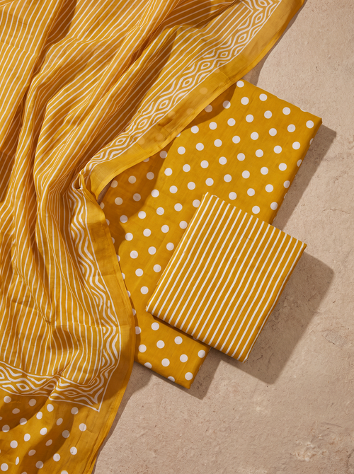 Golden + Turmeric Yellow cotton suit with cotton dupatta unstitched suit material