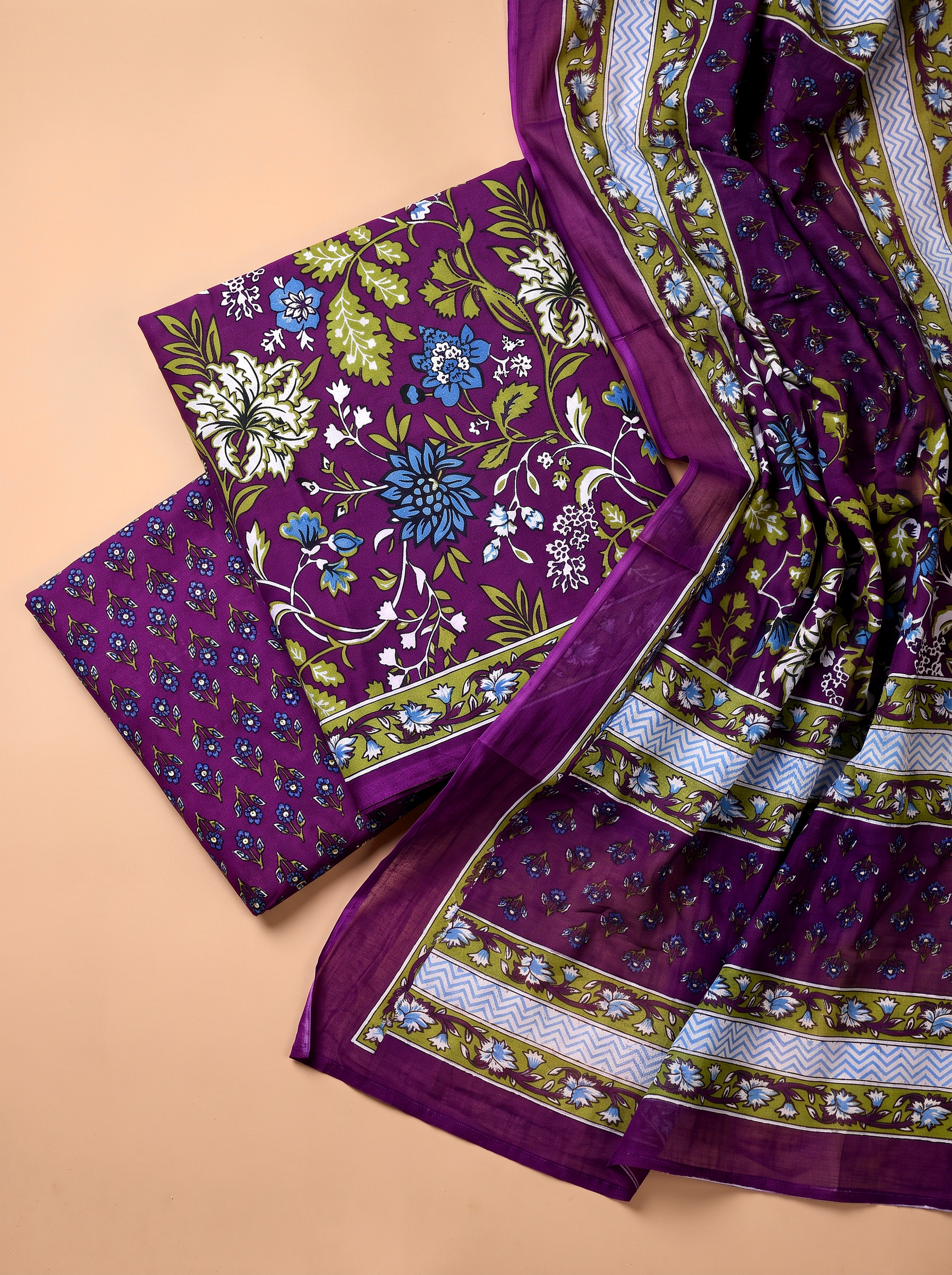 Fuchsia + Wine cotton suit with cotton dupatta unstitched suit material