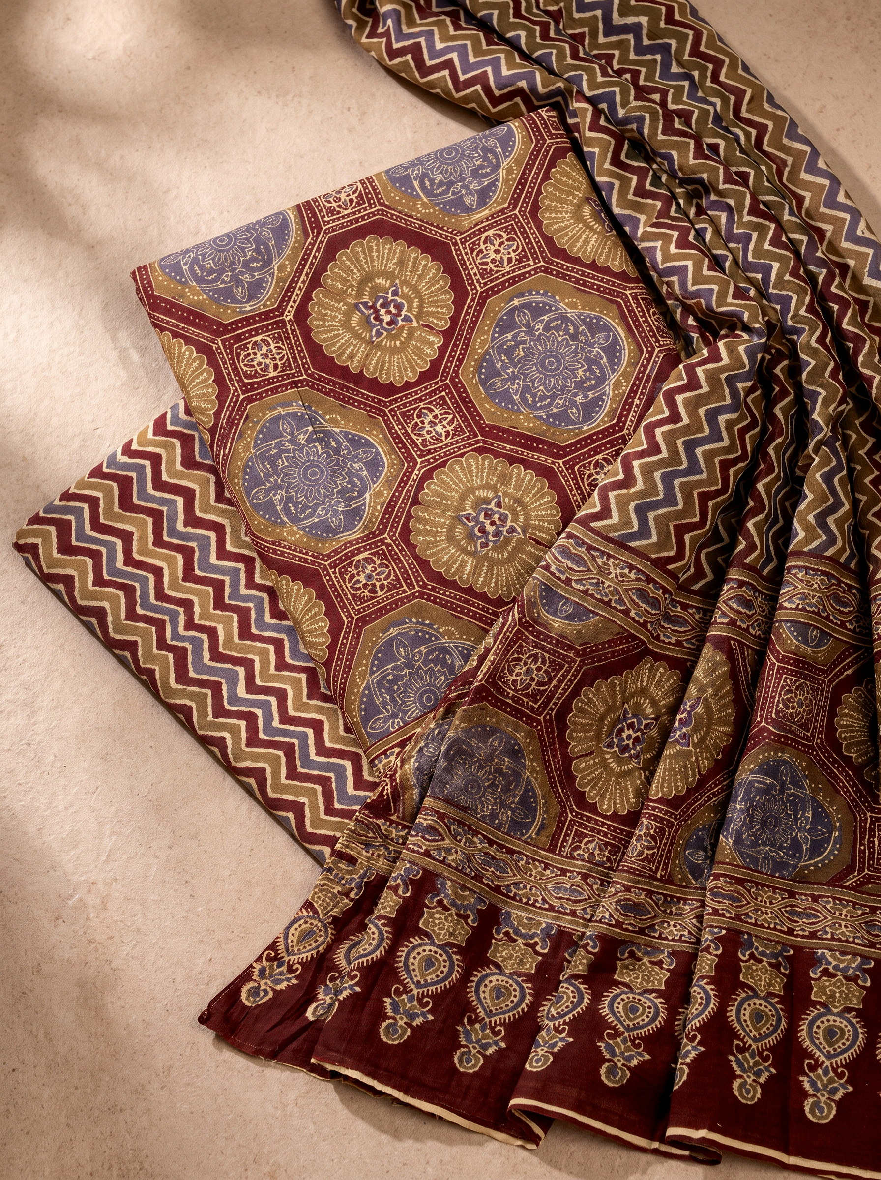 Golden + Wine cotton suit with cotton dupatta unstitched suit material