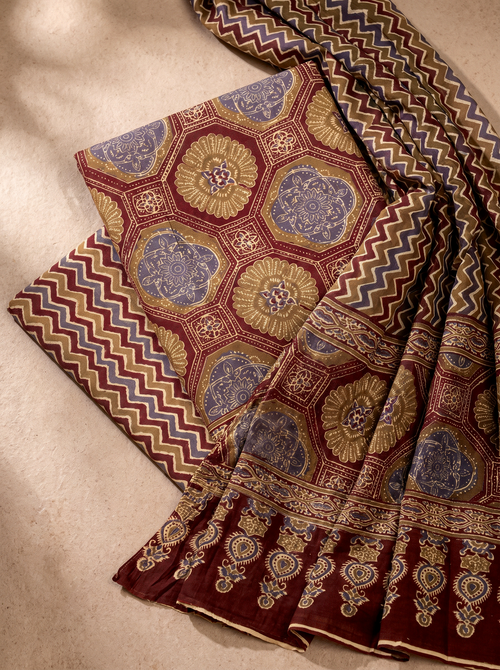 Golden + Wine cotton suit with cotton dupatta unstitched suit material