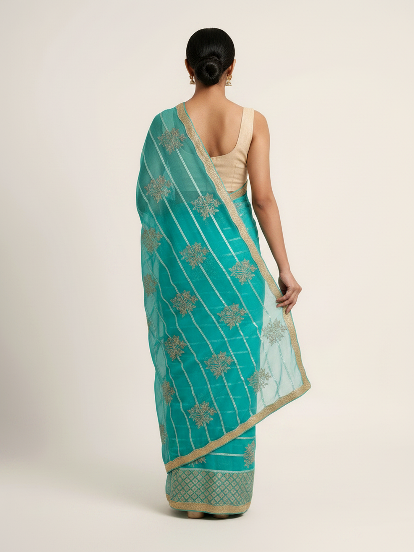 Diamond Chiffon Saree with All Over Sequence Work & Blouse - Sea Green back view