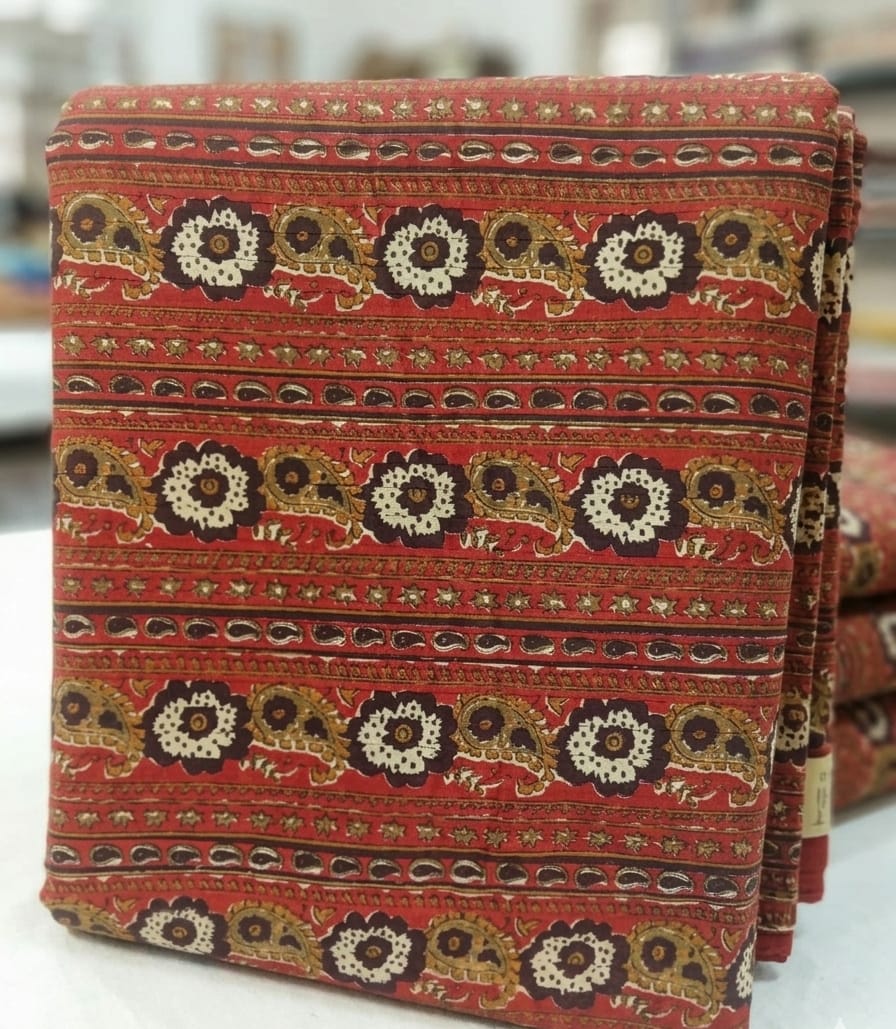 Cotton Dabu Print Stretchable Than Fabric - Rust Brown - Bana