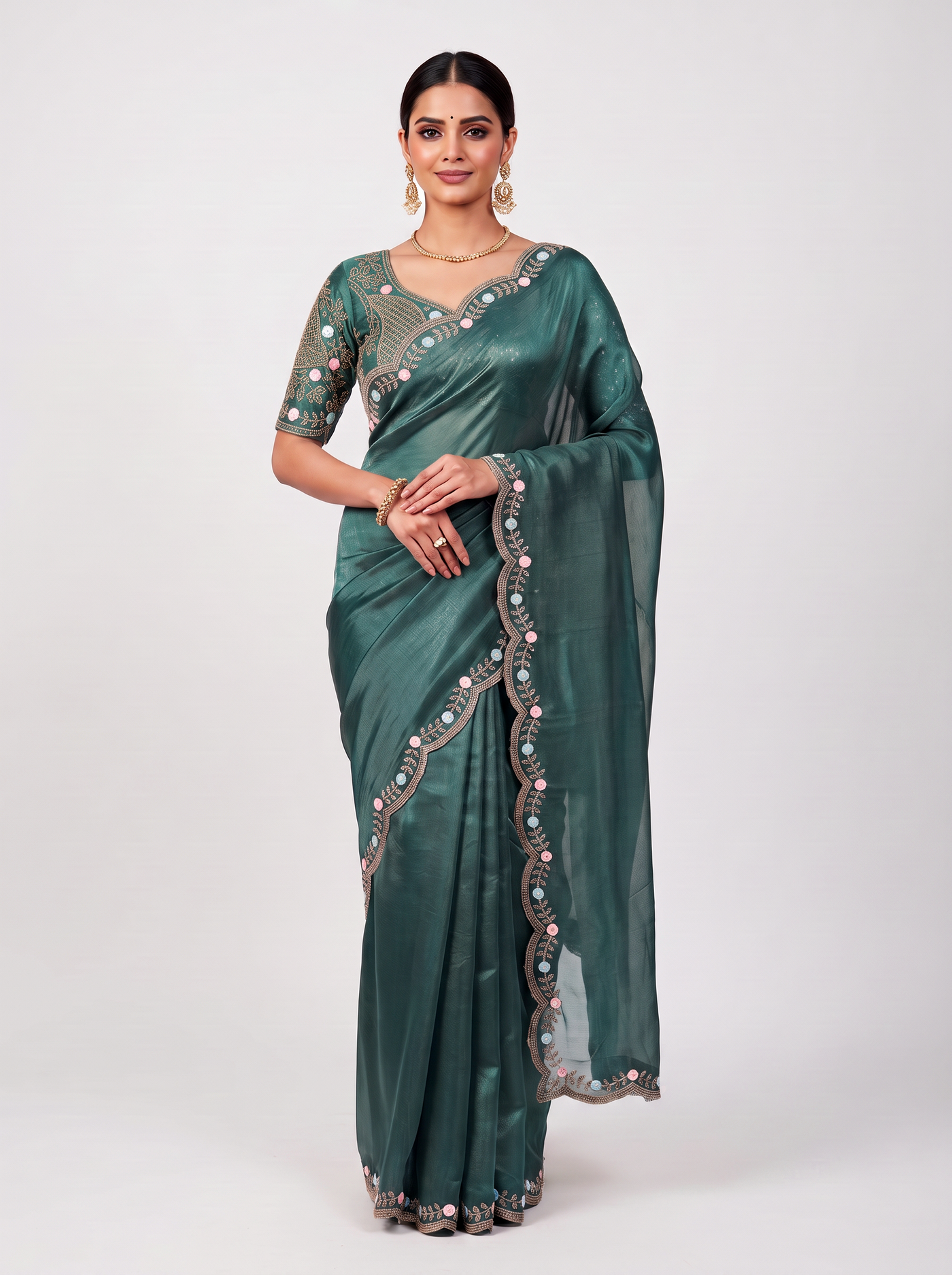 Rama Green & Dark Mustard Gimichu Satin Silk Saree - Rama Green front drape