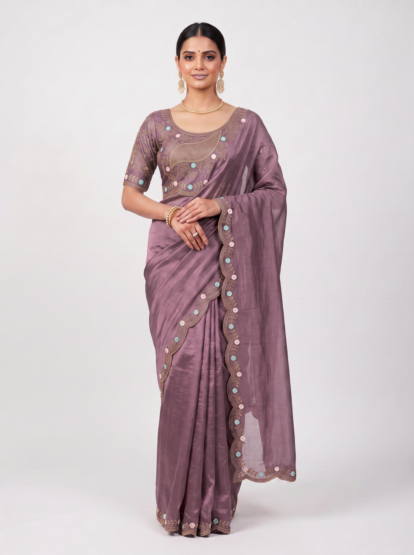 Rama Green & Dark Mustard Gimichu Satin Silk Saree - Rama Pink front drape