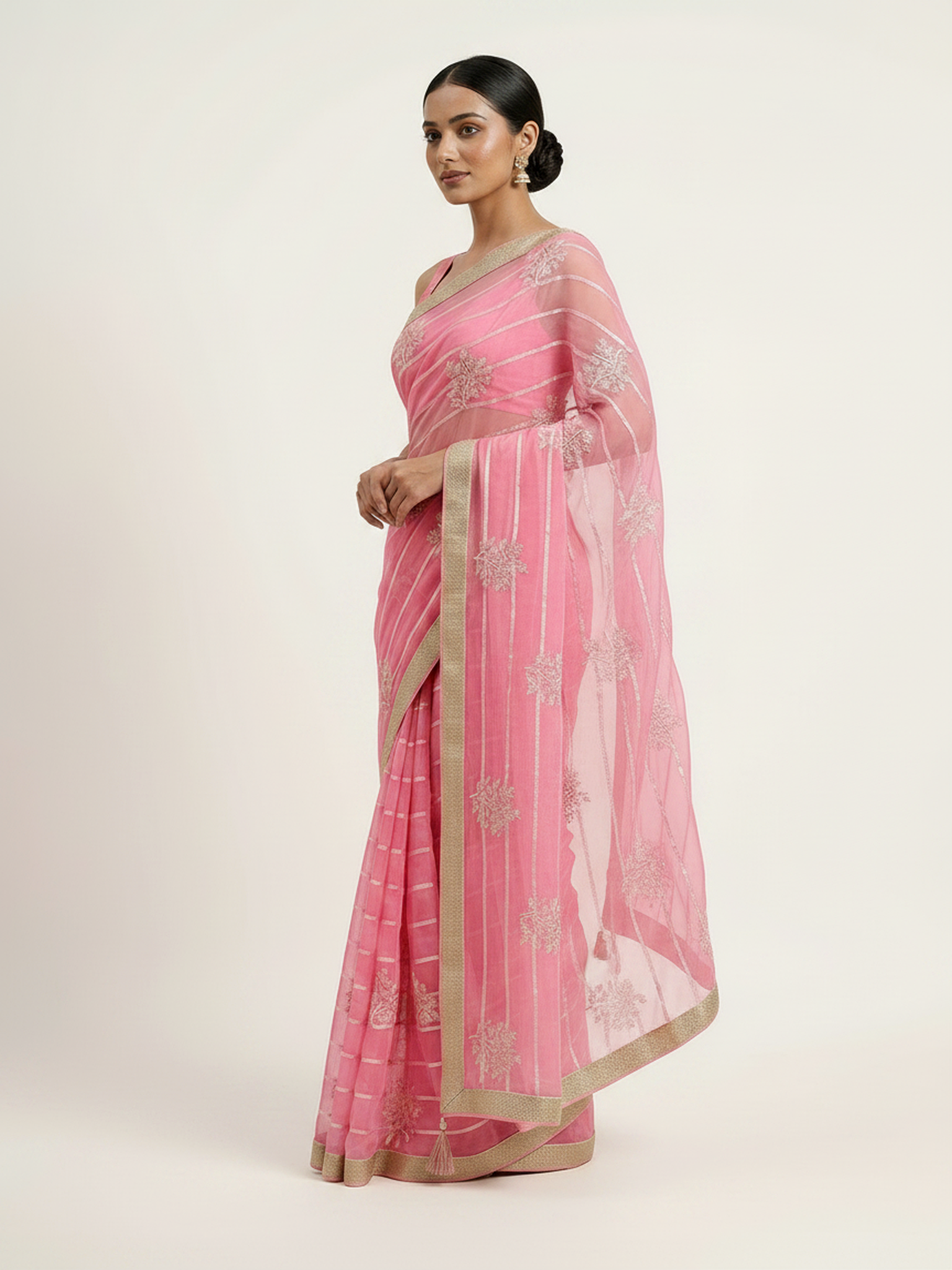 Diamond Chiffon Saree with All Over Sequence Work & Blouse - Rose Pink side drape