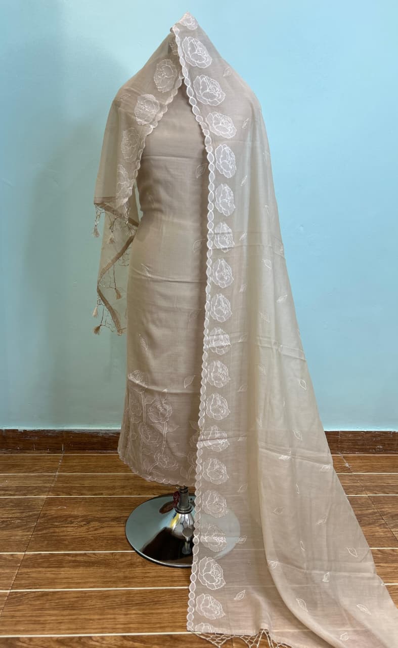 Mul Chanderi Unstitched Suit Material - Peach Floral Print - Bana