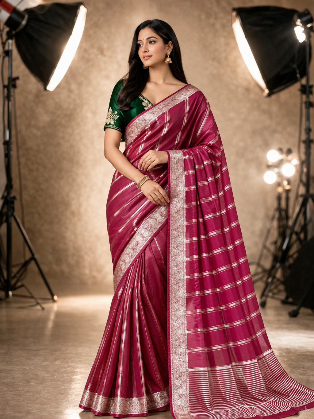 Rani Red Fandy Soft Silk Saree with Contrasting Green Blouse (5.5m)