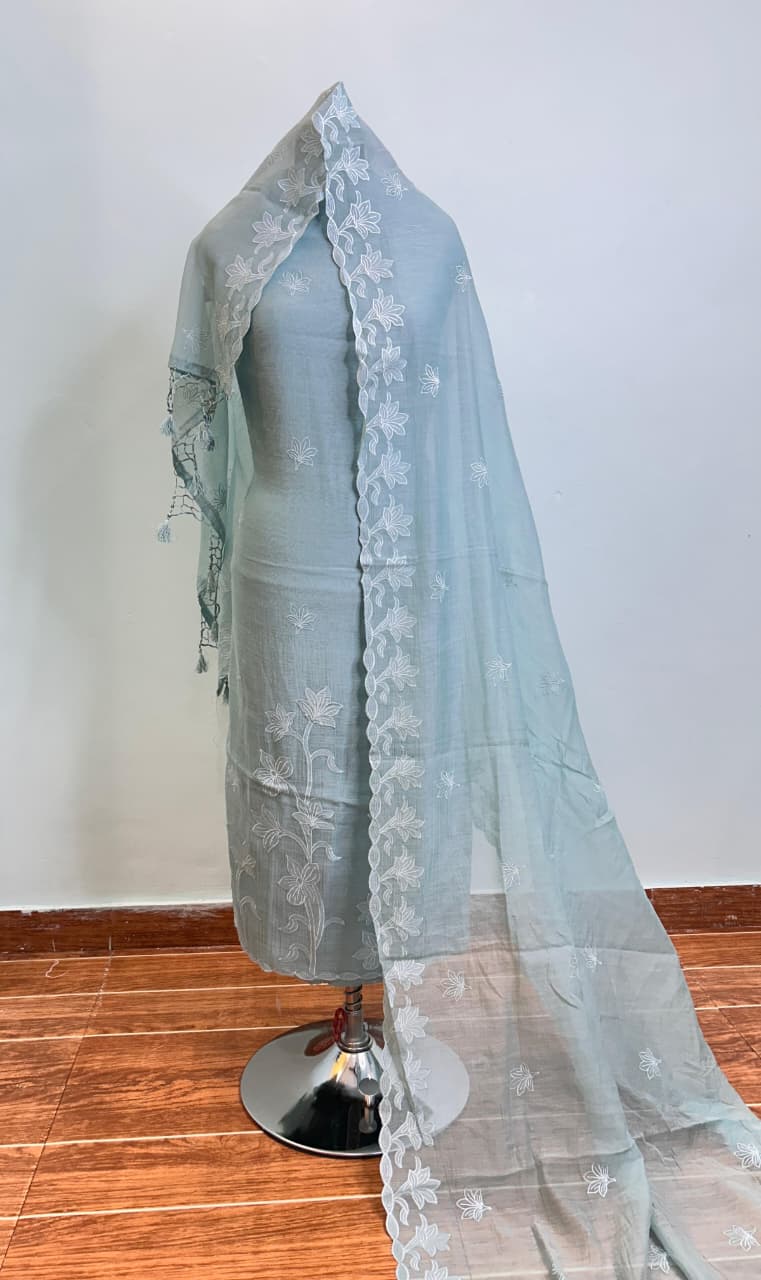 Mul Chanderi Unstitched Suit Material - Powder Blue Leaf Motif - Bana
