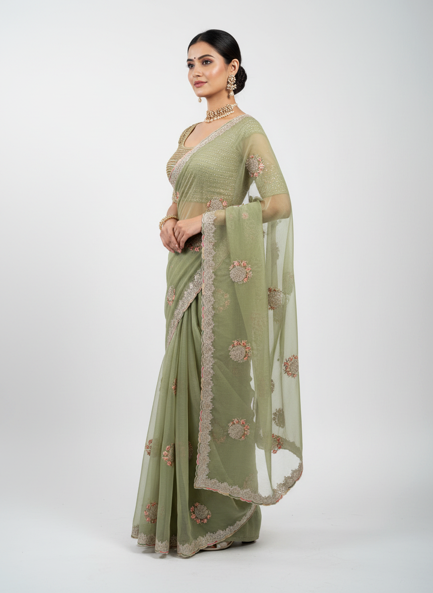 Sage Green Chiffon Saree with Cutdana Embellished Pallu - side drape view
