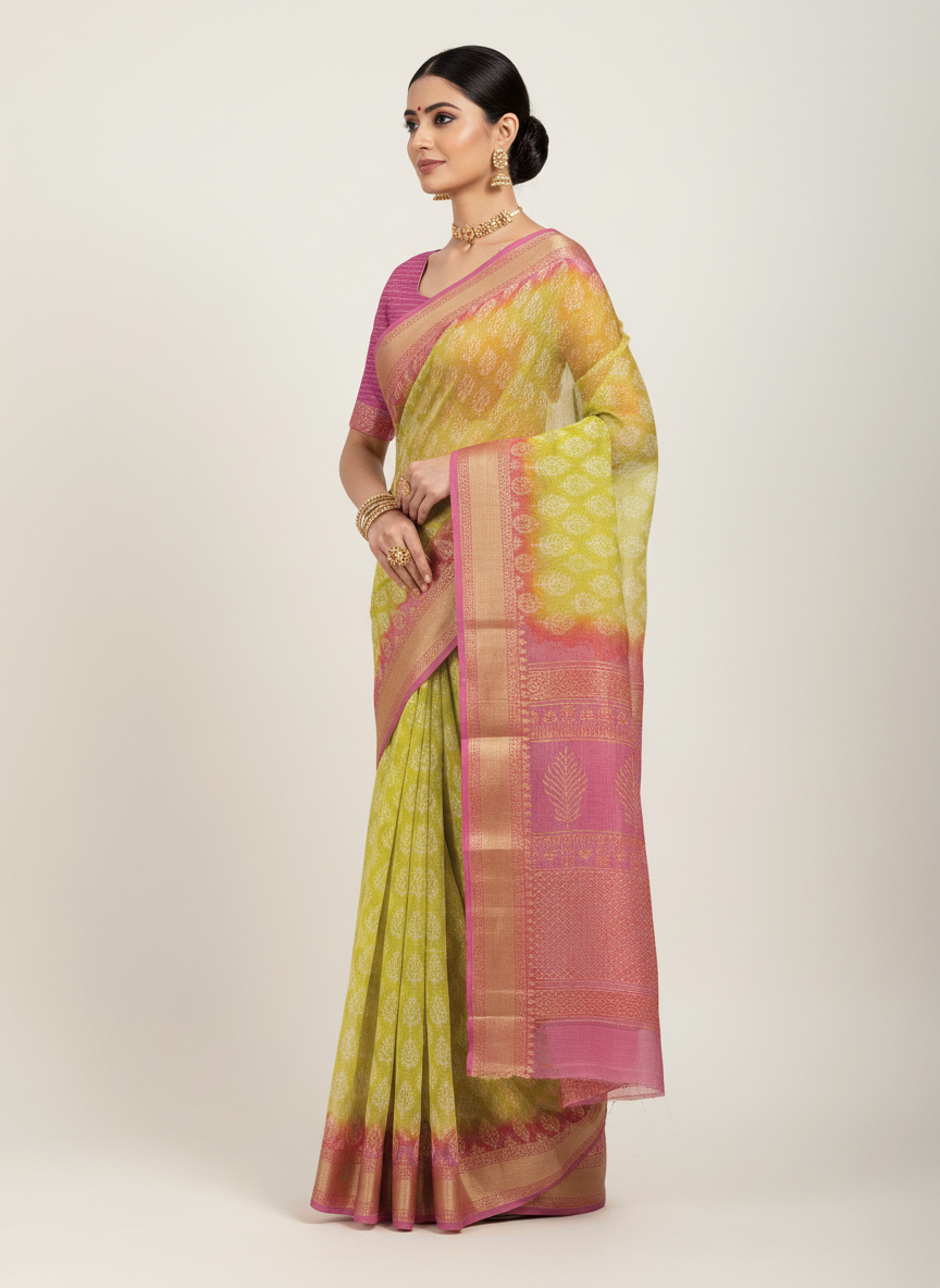 Lime Green Kota Doriya Hand Block Print Saree with Pink Pallu - side drape view