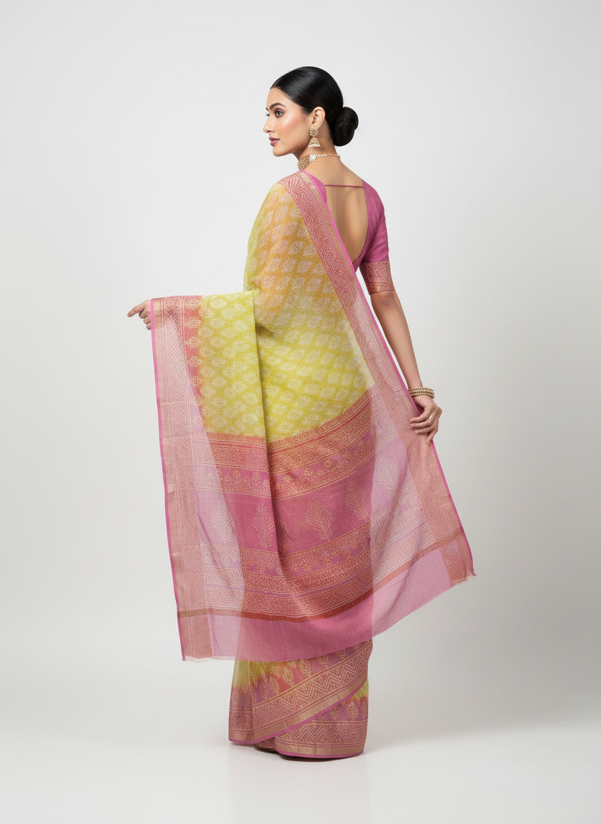 Lime Green Kota Doriya Hand Block Print Saree with Pink Pallu - pink pallu view