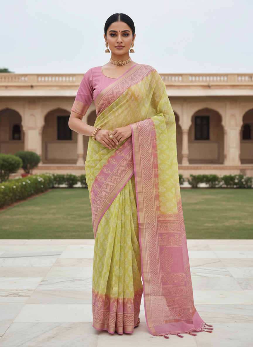 Lime Green Kota Doriya Hand Block Print Saree with Pink Pallu - outdoor editorial view