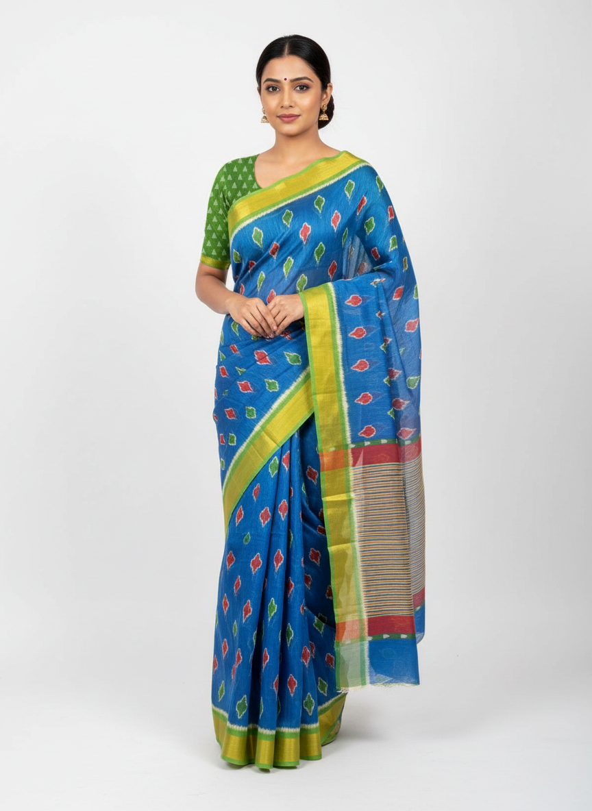Pochampalli Mulmul Cotton Saree with Striped Pallu and Blouse