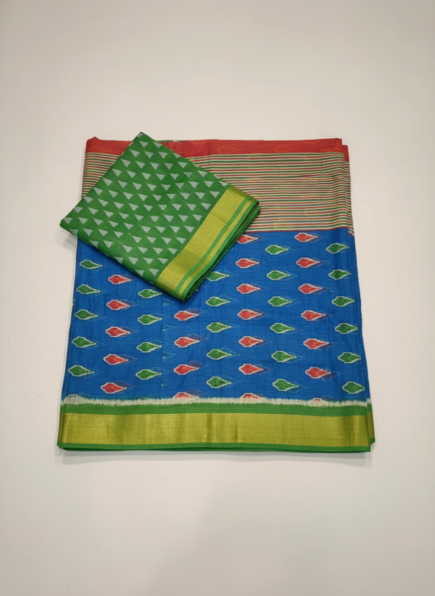 Pochampalli Mulmul Cotton Saree with Striped Pallu and Blouse