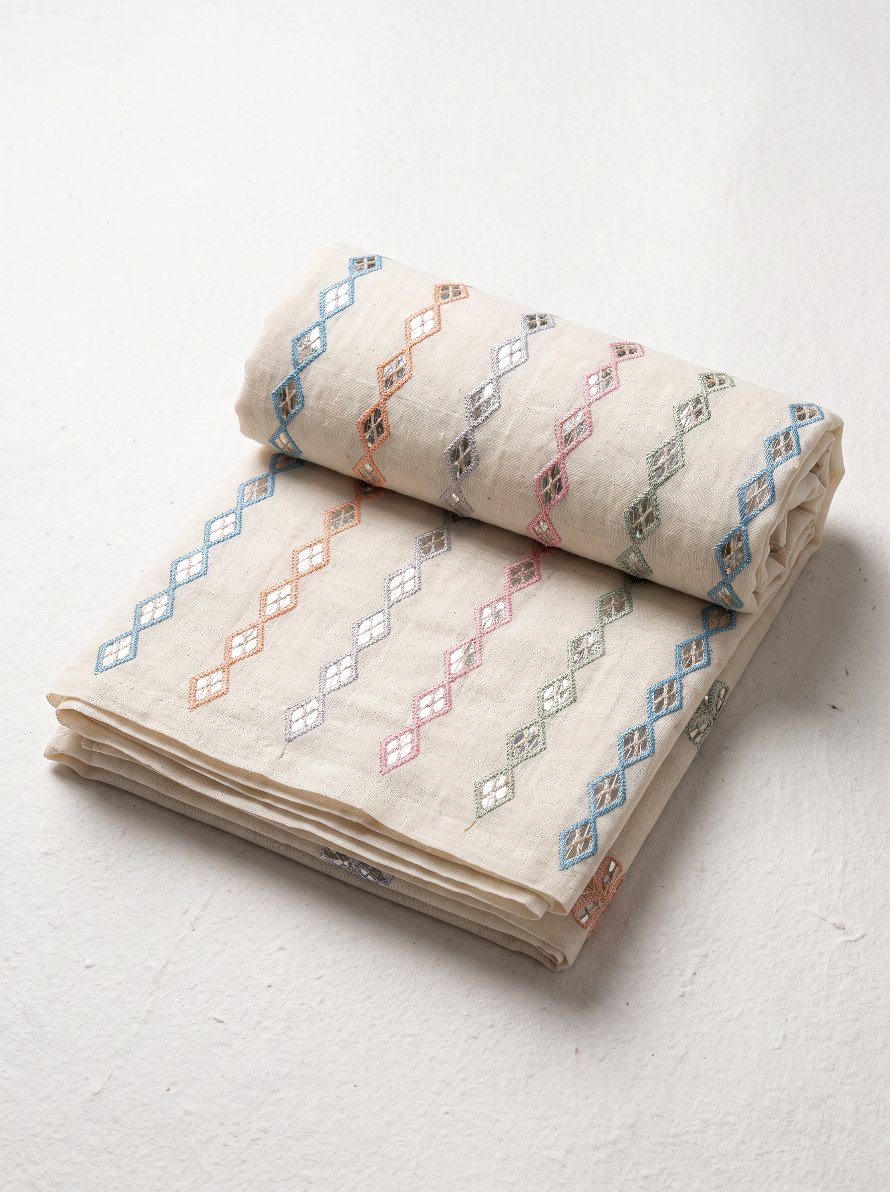 Ivory Pastel Geometric Print Linen Cotton Than Fabric sold by meter at Bana
