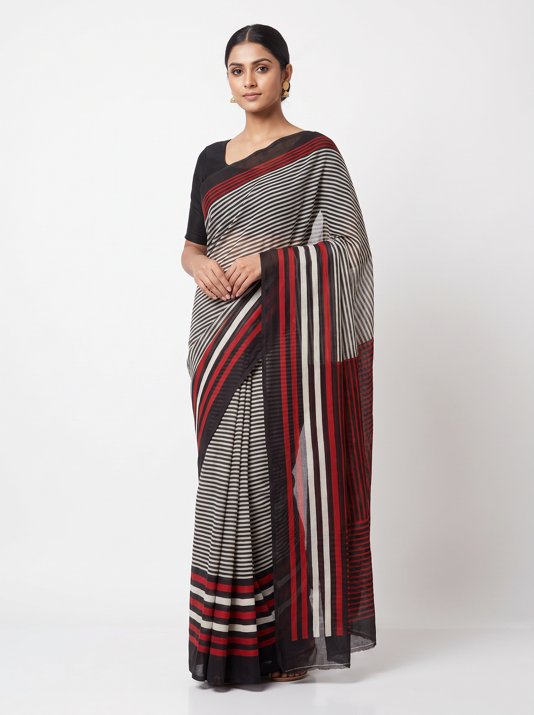Mul Modal Cotton Crimson Charcoal Grey Printed Dailywear Saree - Image 1