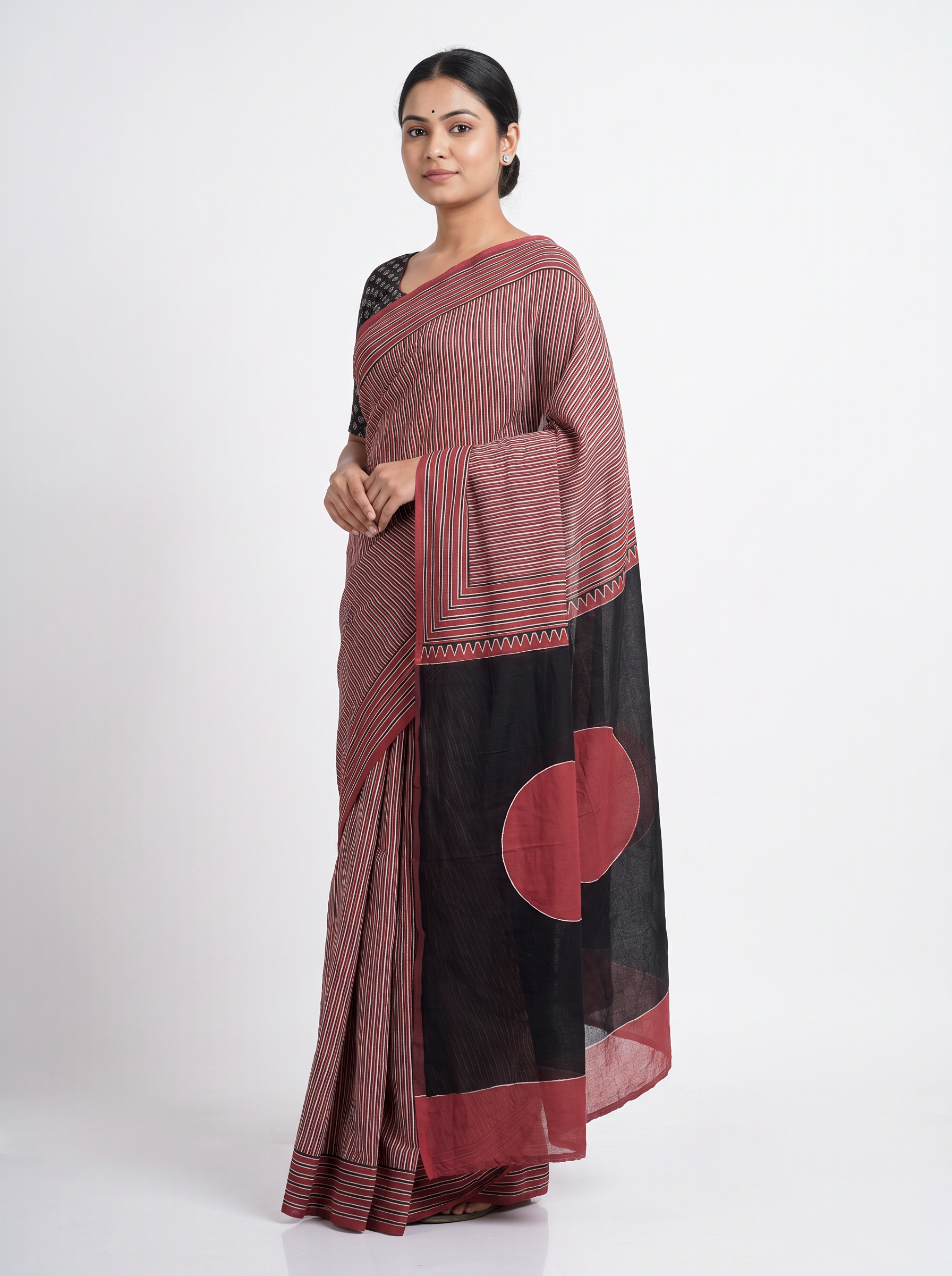 Mul Modal Cotton Deep Red Contrast Border Dailywear Saree - Image 1