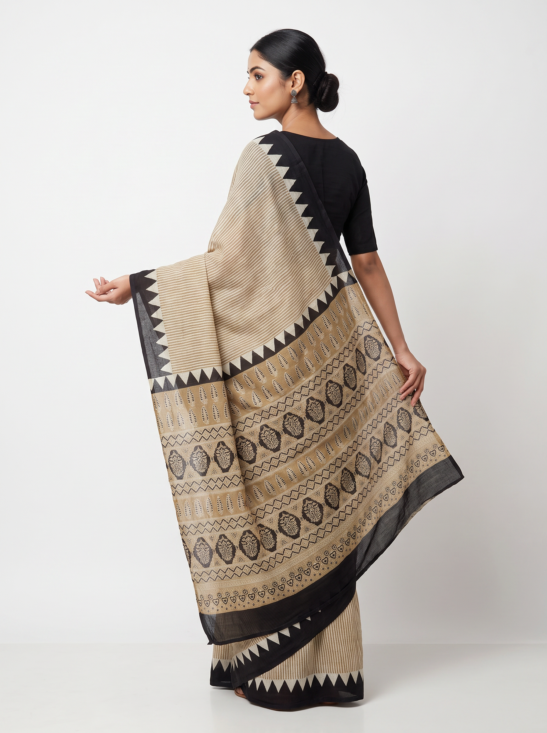 Mul Modal Cotton Peach Brick Red Contrast Border Dailywear Saree - Image 4