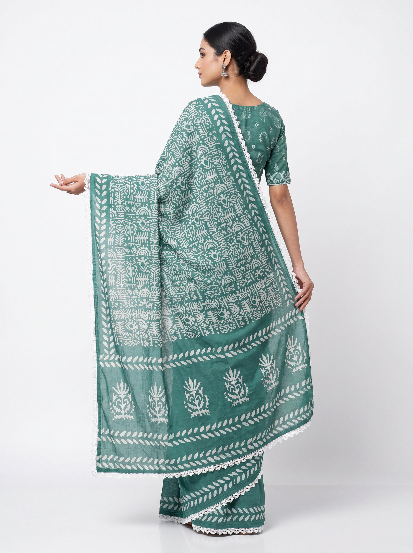 Mul Modal Cotton Teal Blue Grey Printed Dailywear Saree - Image 4