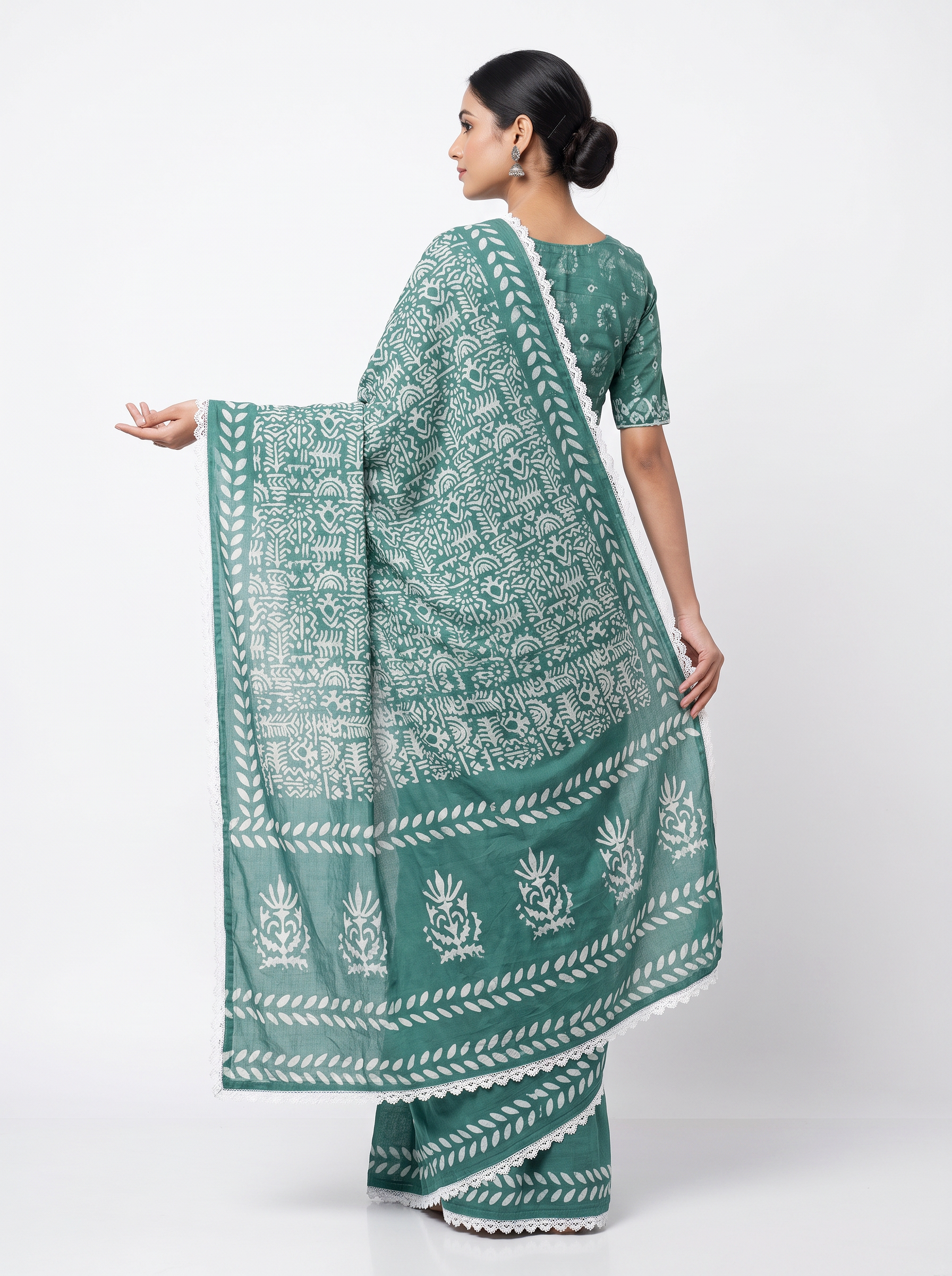 Mul Modal Cotton Teal Blue Grey Printed Dailywear Saree - Image 4