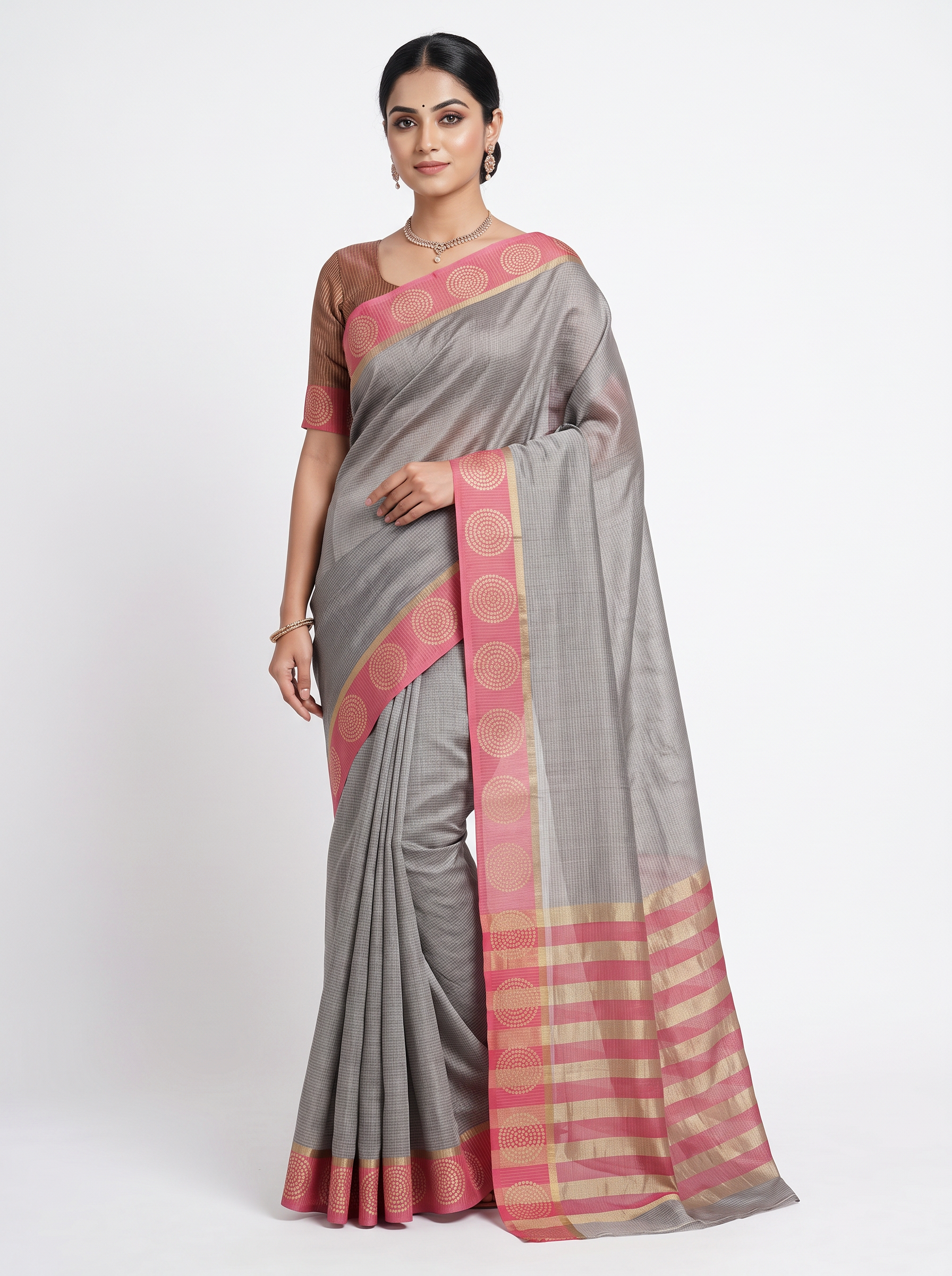 Silver Grey Mul Chanderi Saree with Contrast Border & Blouse