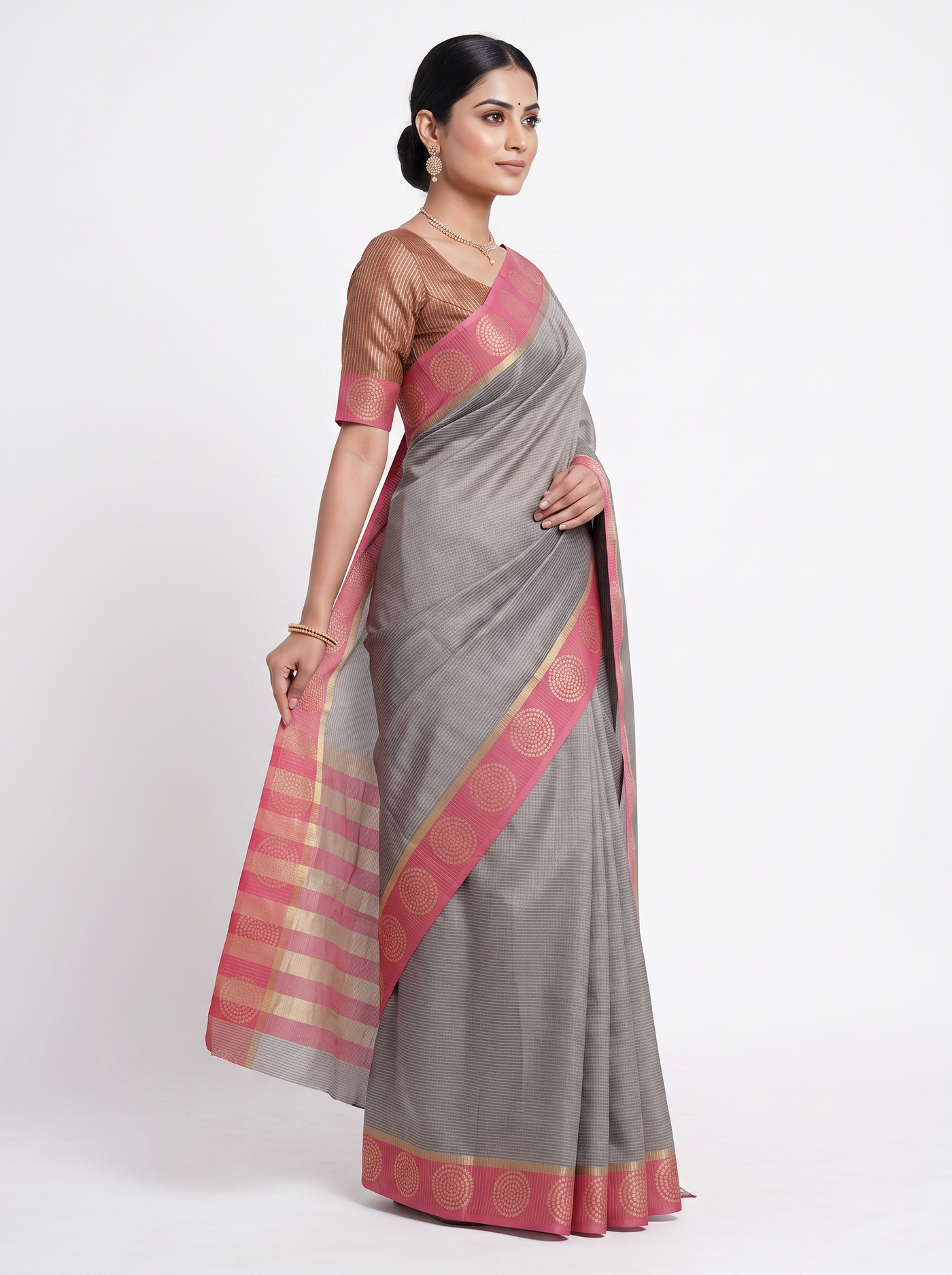 Silver Grey Mul Chanderi Saree with Contrast Border & Blouse - view 2