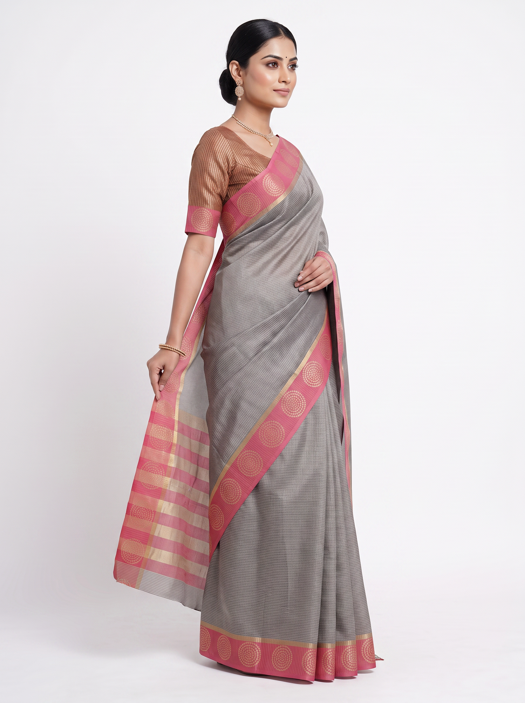 Silver Grey Mul Chanderi Saree with Contrast Border & Blouse - view 2