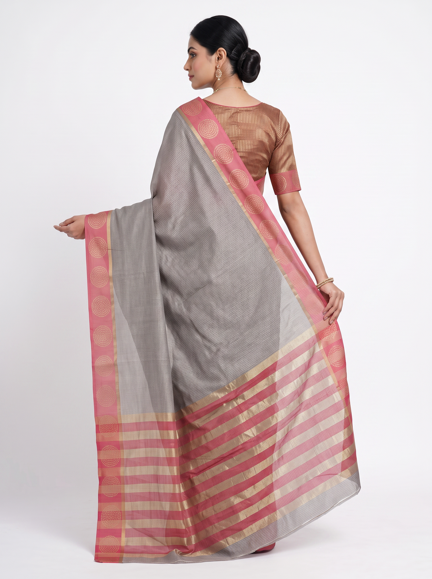Silver Grey Mul Chanderi Saree with Contrast Border & Blouse - view 3