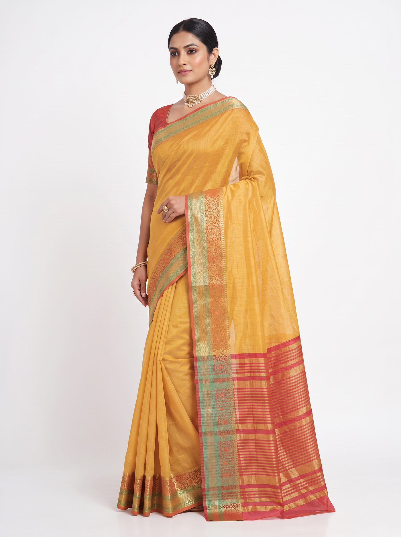 Mustard Yellow Mul Chanderi Saree with Red Border & Blouse - view 2