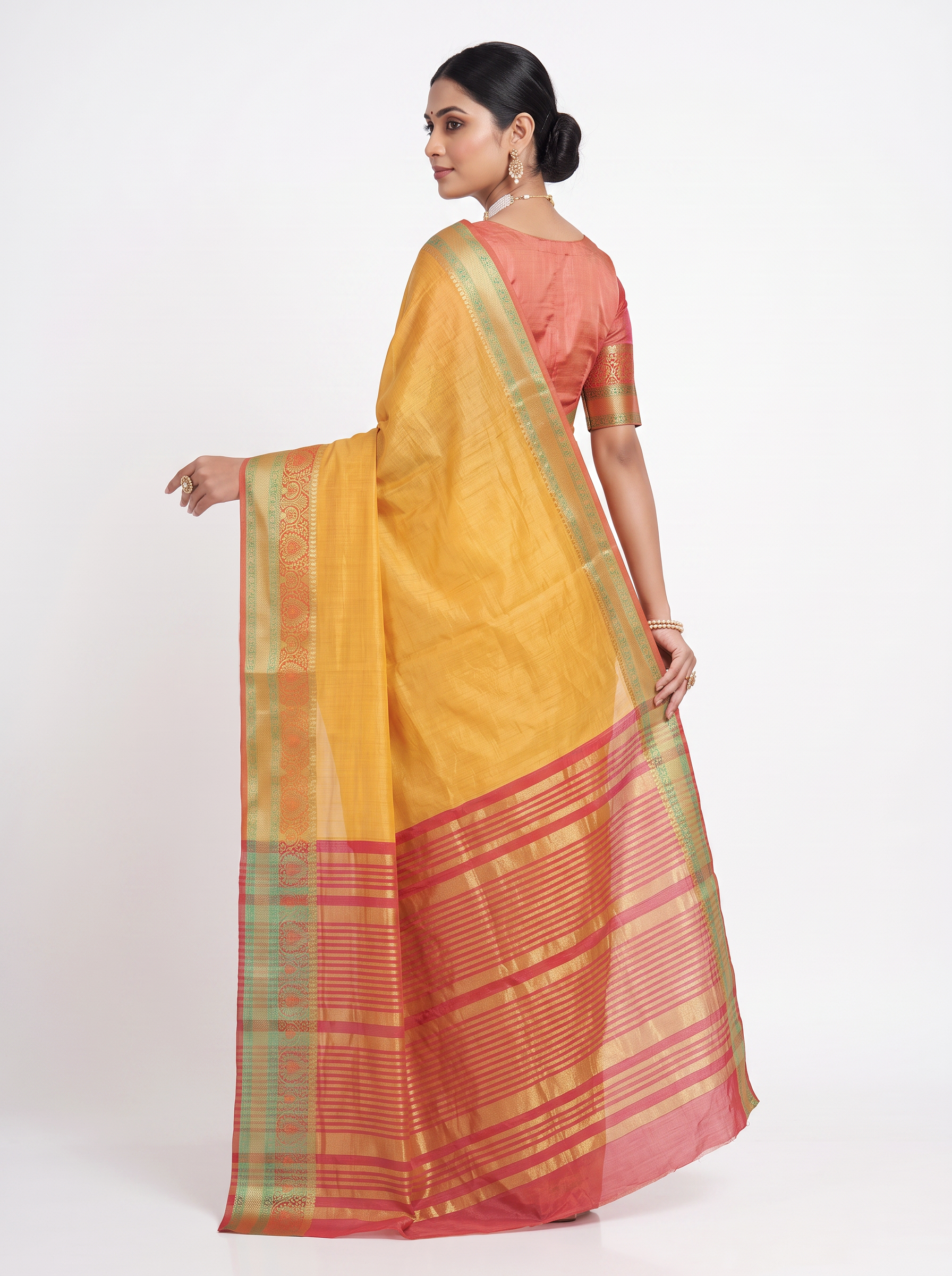 Mustard Yellow Mul Chanderi Saree with Red Border & Blouse - view 3