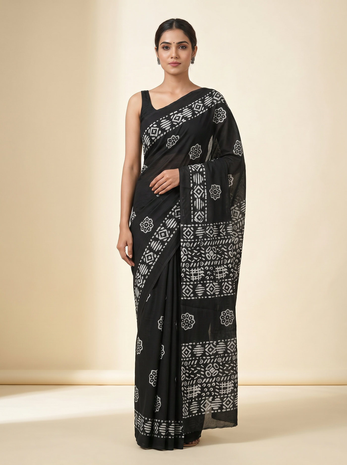 Charcoal Grey + Black + Grey pure mulmul cotton saree with blouse