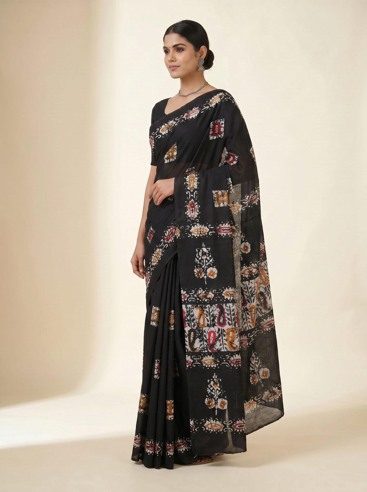 Pure Mulmul Cotton Saree | Charcoal Grey + Black + Grey Handblock Print | Summer & Office Wear | With Blouse | Design 3 image 2