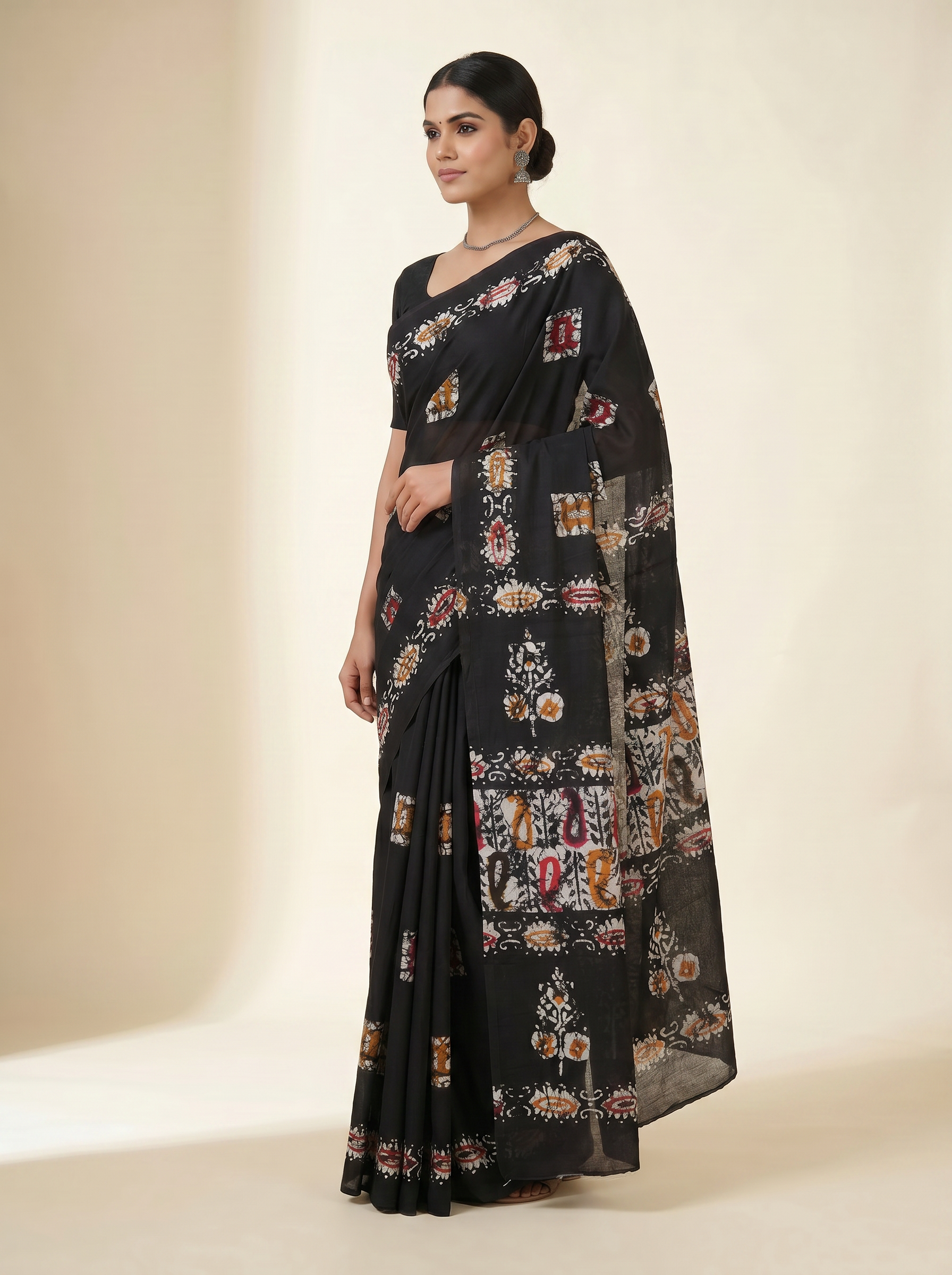 Pure Mulmul Cotton Saree | Charcoal Grey + Black + Grey Handblock Print | Summer & Office Wear | With Blouse | Design 3 image 2
