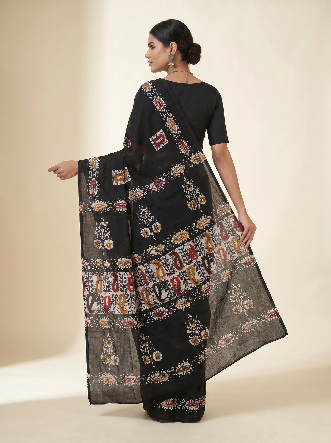 Pure Mulmul Cotton Saree | Charcoal Grey + Black + Grey Handblock Print | Summer & Office Wear | With Blouse | Design 3 image 4