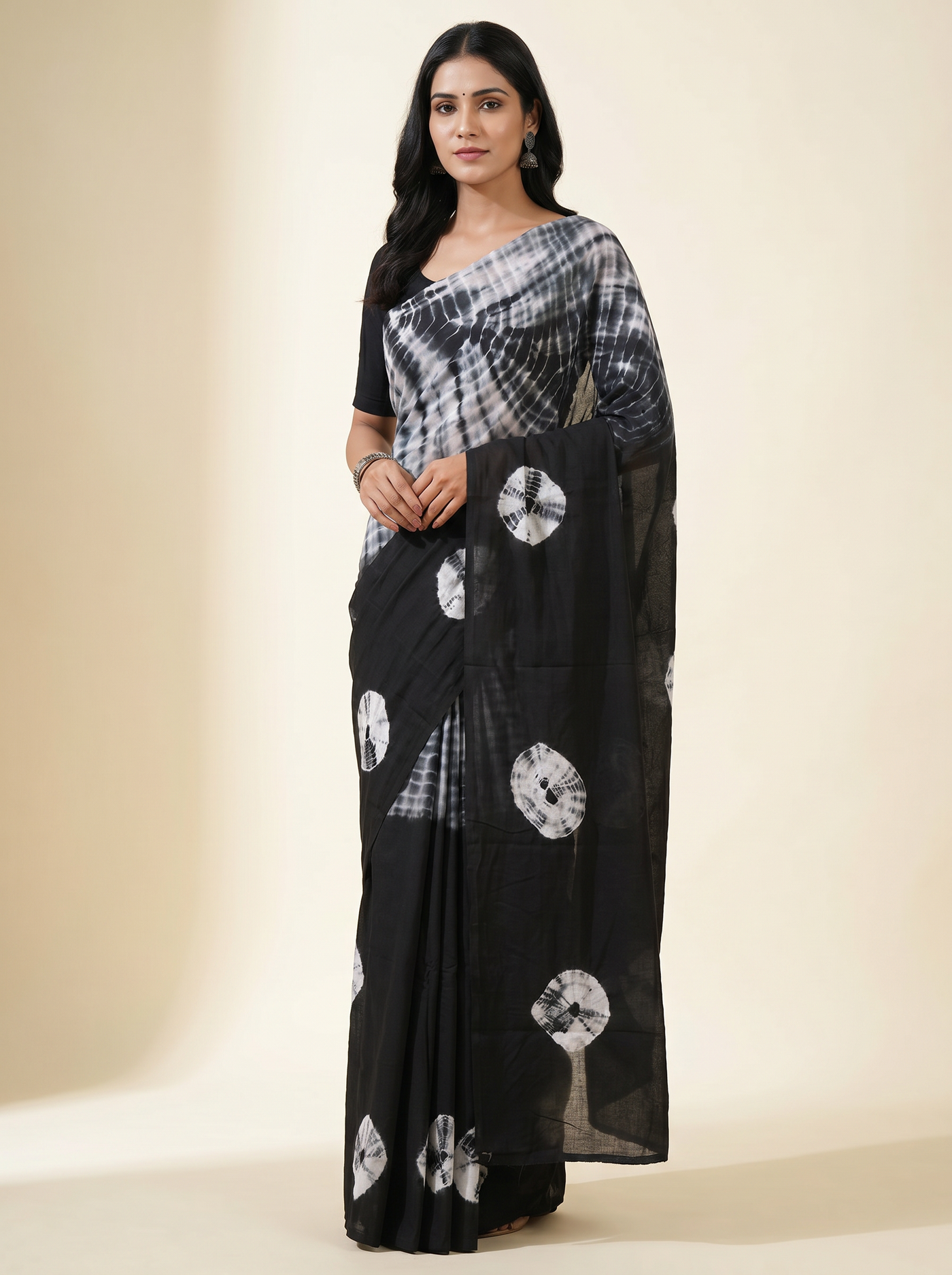 Charcoal Grey + Black + Grey pure mulmul cotton saree with blouse