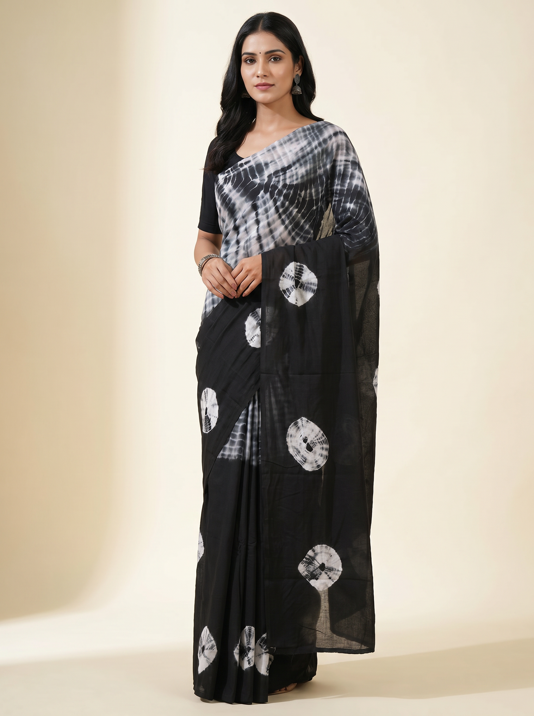 Charcoal Grey + Black + Grey pure mulmul cotton saree with blouse