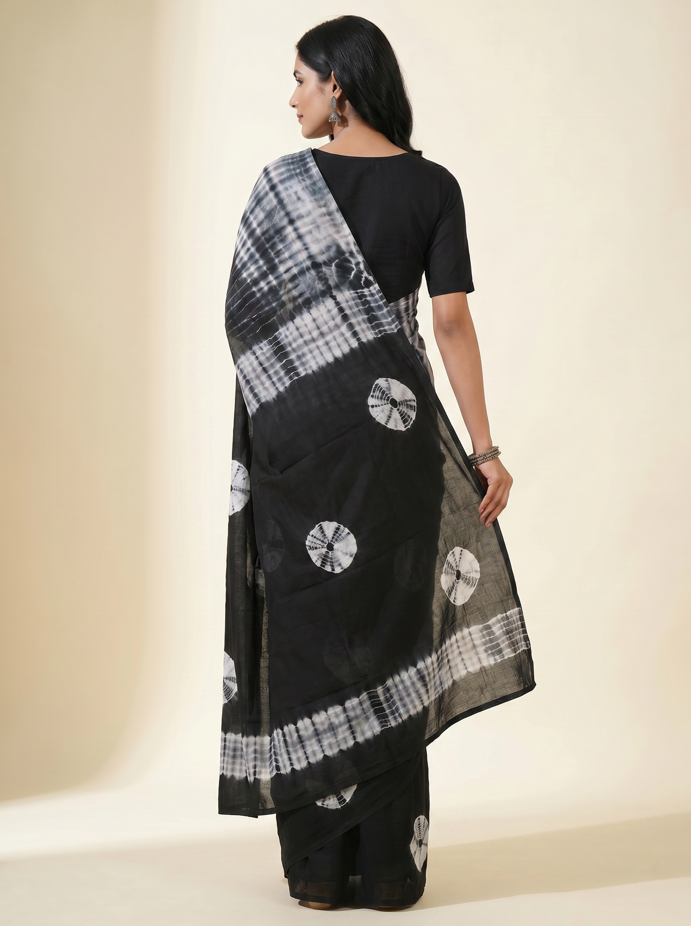 Pure Mulmul Cotton Saree | Charcoal Grey + Black + Grey Handblock Print | Summer & Office Wear | With Blouse image 3