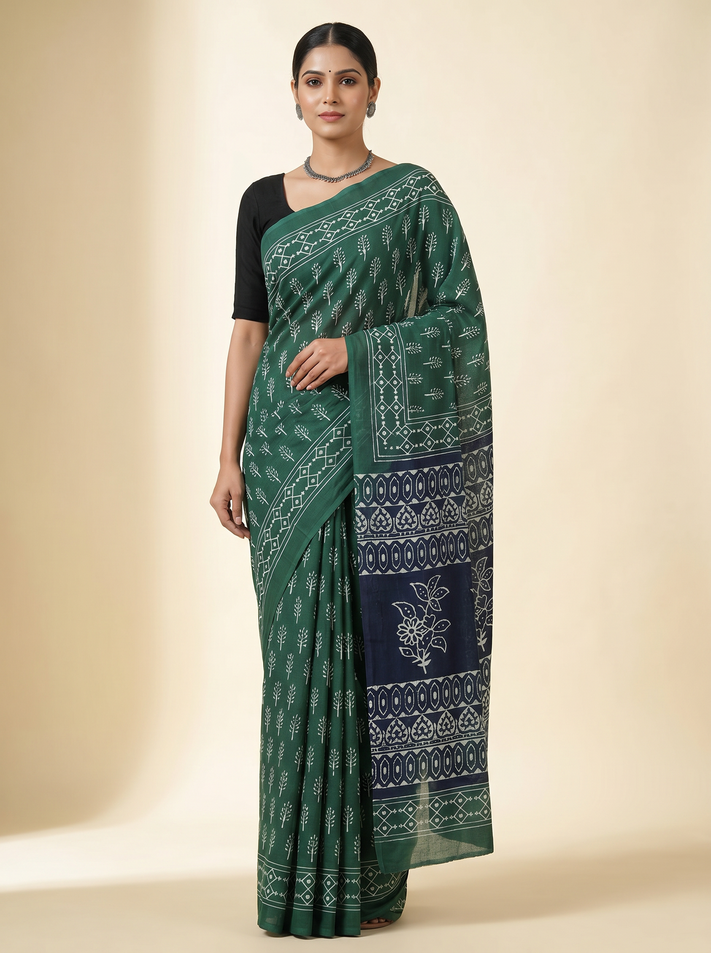 Bottle Green pure mulmul cotton saree with blouse