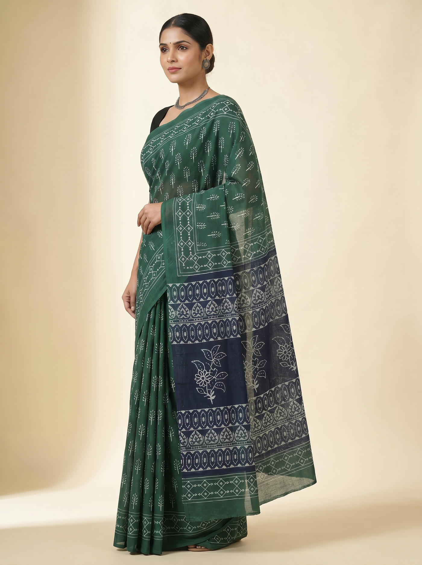Pure Mulmul Cotton Saree | Bottle Green Handblock Print | Summer & Office Wear | With Blouse image 2